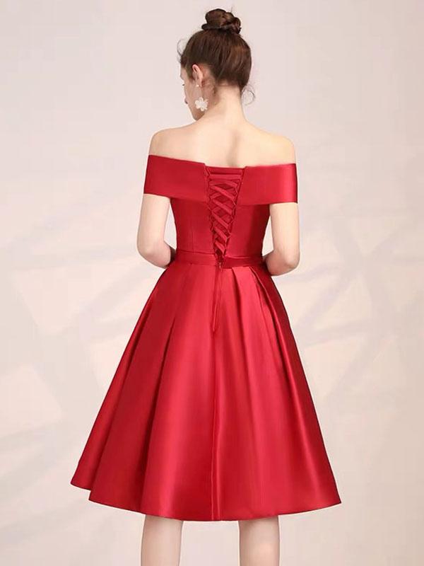 Elegant Off Shoulder Knee Length Formal Satin Cocktail Party Dress