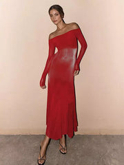 Elegant Off-Shoulder Long Sleeve Textured Bodycon Maxi Dress
