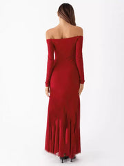 Elegant Off-Shoulder Long Sleeve Textured Bodycon Maxi Dress