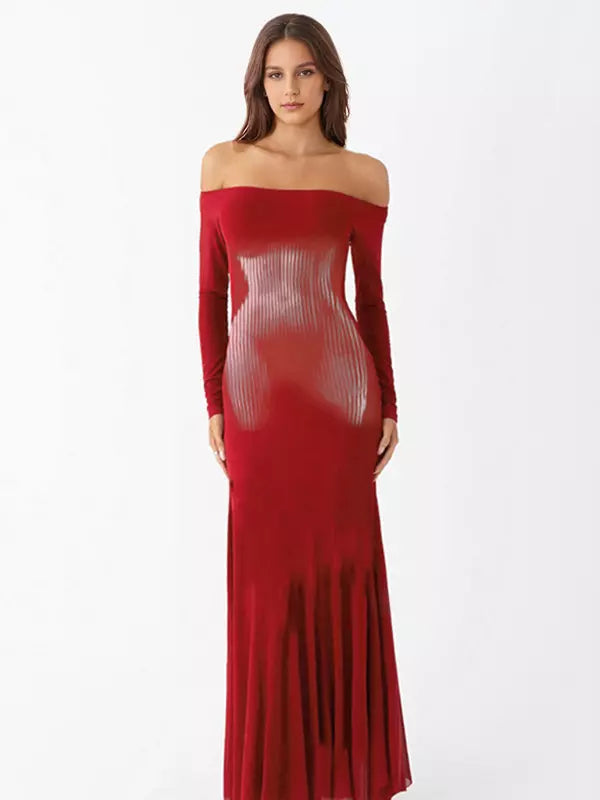 Elegant Off-Shoulder Long Sleeve Textured Bodycon Maxi Dress