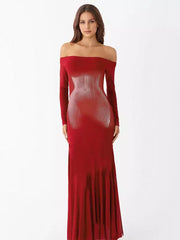 Elegant Off-Shoulder Long Sleeve Textured Bodycon Maxi Dress
