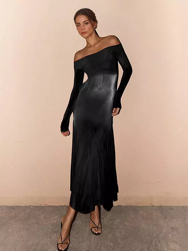 Elegant Off-Shoulder Long Sleeve Textured Bodycon Maxi Dress