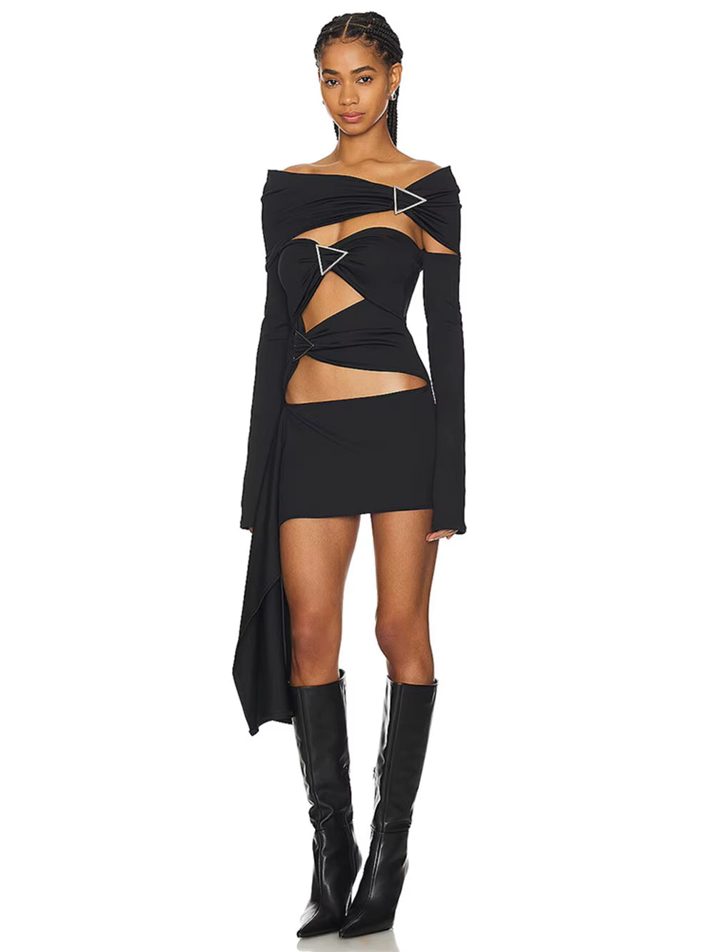 Elegant Off Shoulder Long Sleeved Slash Neck Hollow Out Tight Mini Dress