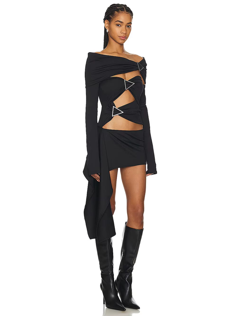 Elegant Off Shoulder Long Sleeved Slash Neck Hollow Out Tight Mini Dress