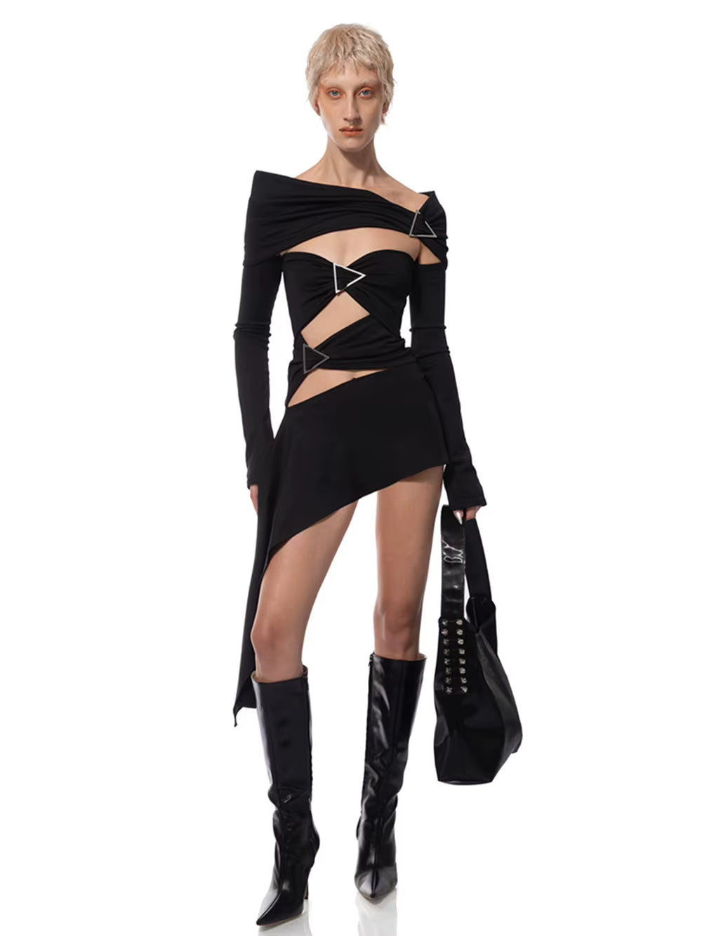Elegant Off Shoulder Long Sleeved Slash Neck Hollow Out Tight Mini Dress