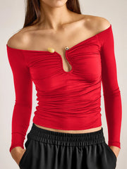 Elegant Off Shoulder Long Sleeves Button Ruched Bodycon Crop T-Shirt
