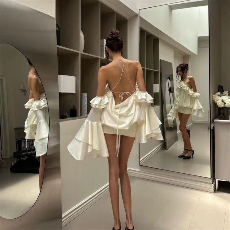 Elegant Off Shoulder Lotus Leaf Edge Flared Sleeve Backless Mini Dress