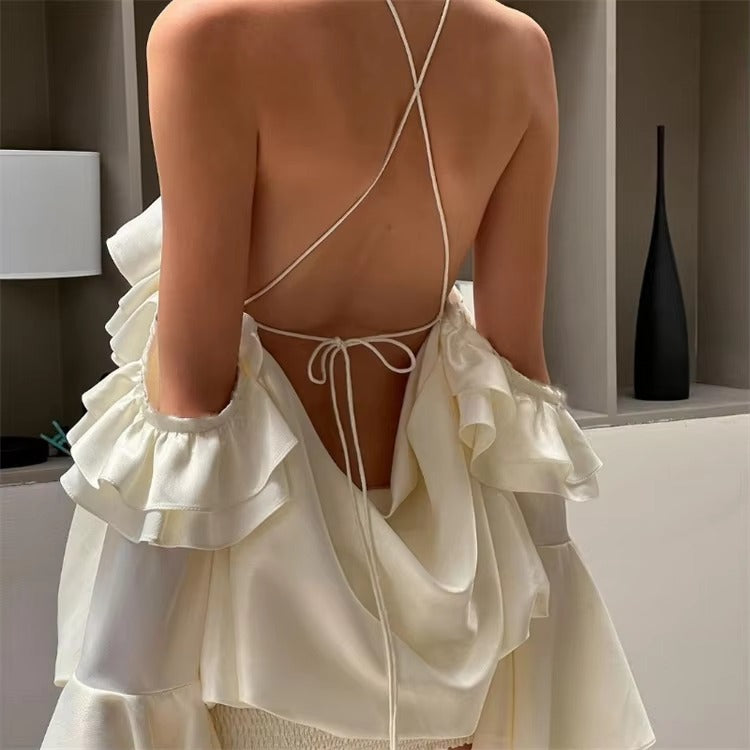Elegant Off Shoulder Lotus Leaf Edge Flared Sleeve Backless Mini Dress