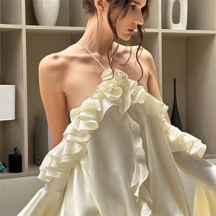 Elegant Off Shoulder Lotus Leaf Edge Flared Sleeve Backless Mini Dress