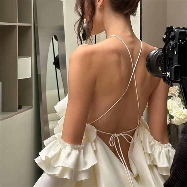 Elegant Off Shoulder Lotus Leaf Edge Flared Sleeve Backless Mini Dress