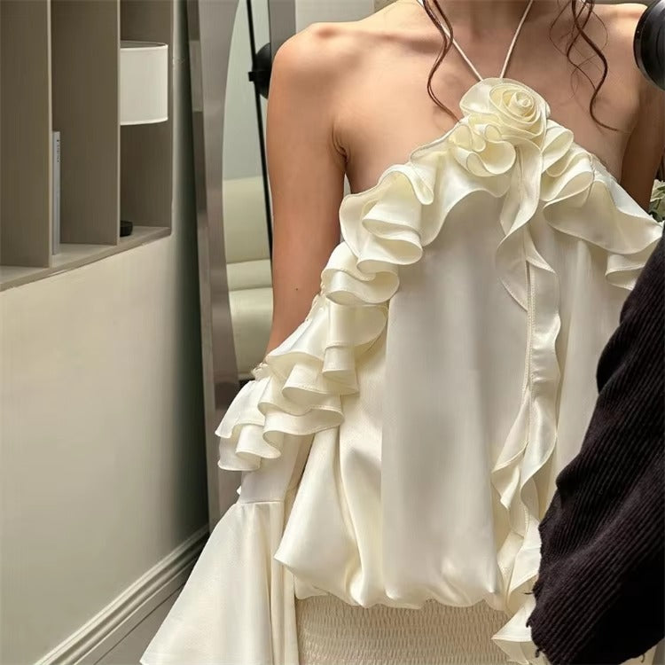 Elegant Off Shoulder Lotus Leaf Edge Flared Sleeve Backless Mini Dress