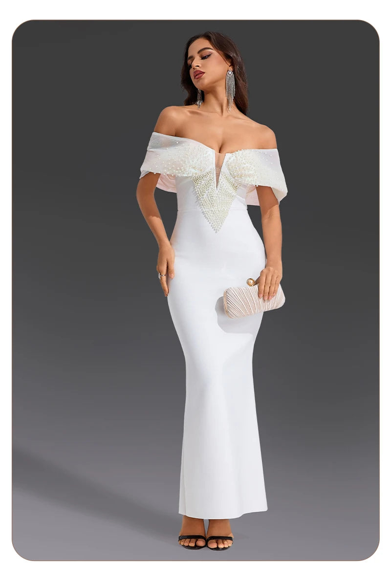 Elegant Off-Shoulder Mermaid with Pearl Embellishments Wedding Party Evening Gown