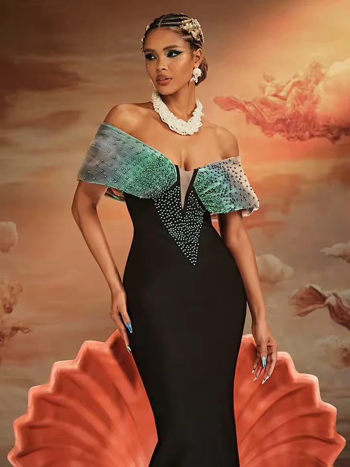 Elegant Off-Shoulder Mermaid with Pearl Embellishments Wedding Party Evening Gown