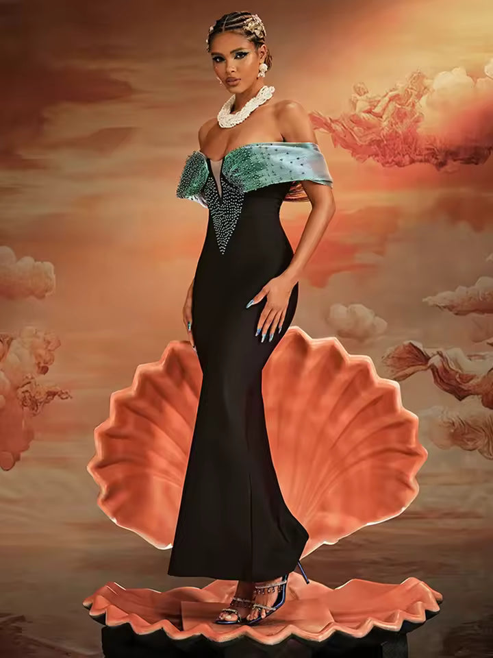 Elegant Off-Shoulder Mermaid with Pearl Embellishments Wedding Party Evening Gown