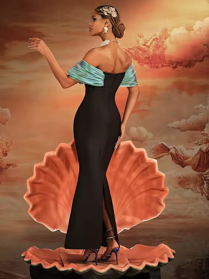 Elegant Off-Shoulder Mermaid with Pearl Embellishments Wedding Party Evening Gown