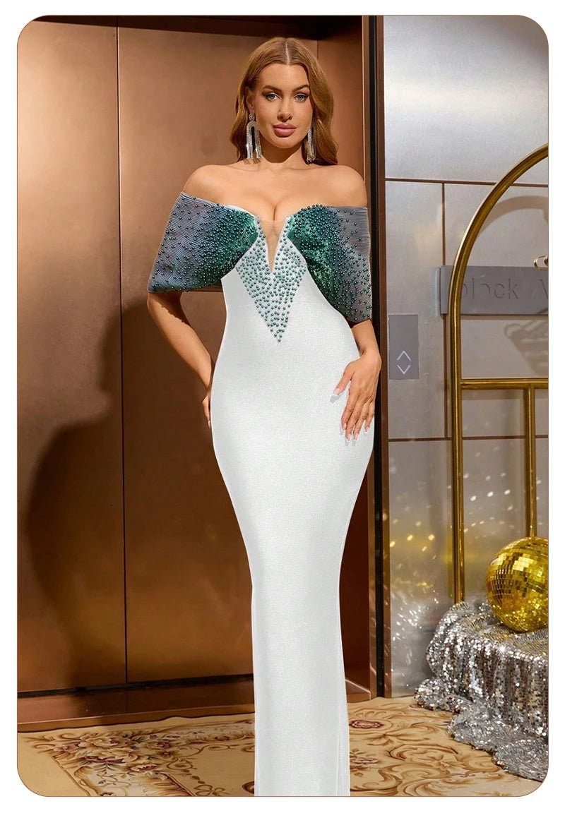 Elegant Off-Shoulder Mermaid with Pearl Embellishments Wedding Party Evening Gown