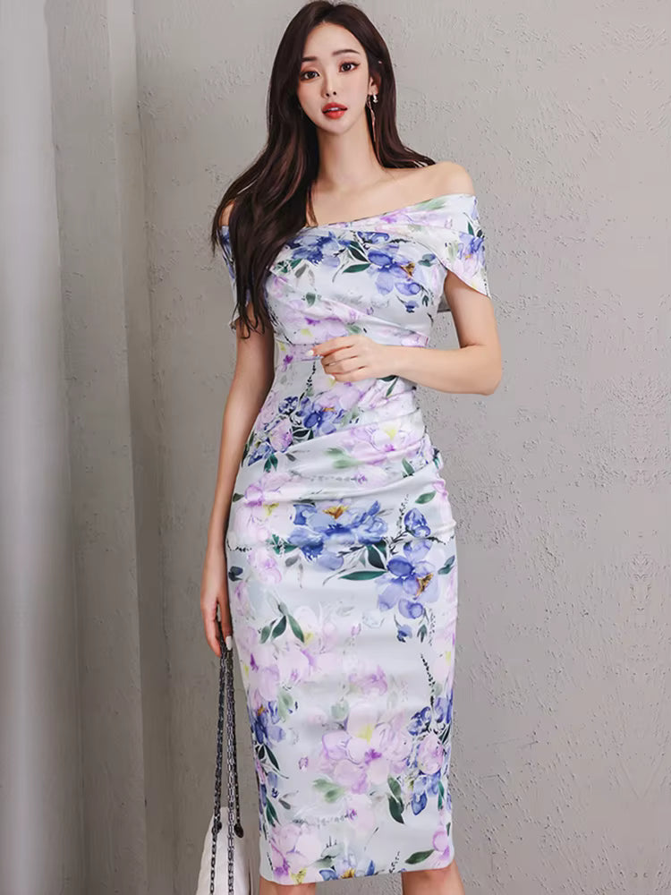Elegant Off Shoulder Office Lady Slim Fit High Waist Side Fold Midi Dress