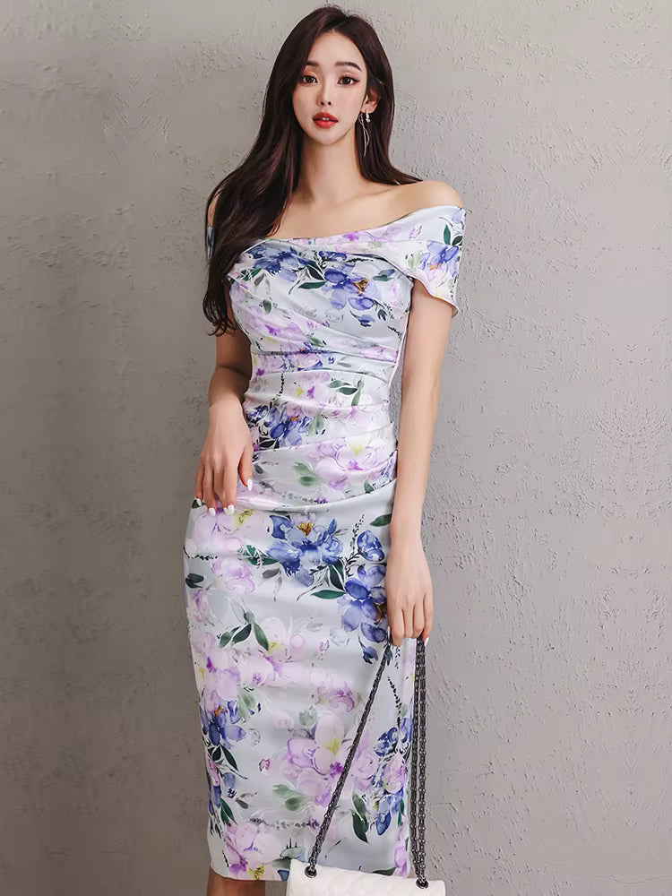 Elegant Off Shoulder Office Lady Slim Fit High Waist Side Fold Midi Dress