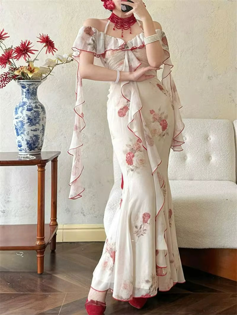 Elegant Off Shoulder Ruffle Vintage Lace Floral Print Slim Fit Long Maxi Dress
