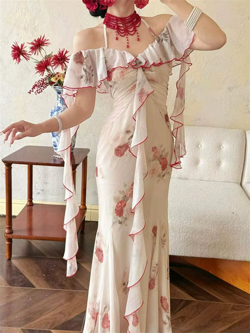 Elegant Off Shoulder Ruffle Vintage Lace Floral Print Slim Fit Long Maxi Dress