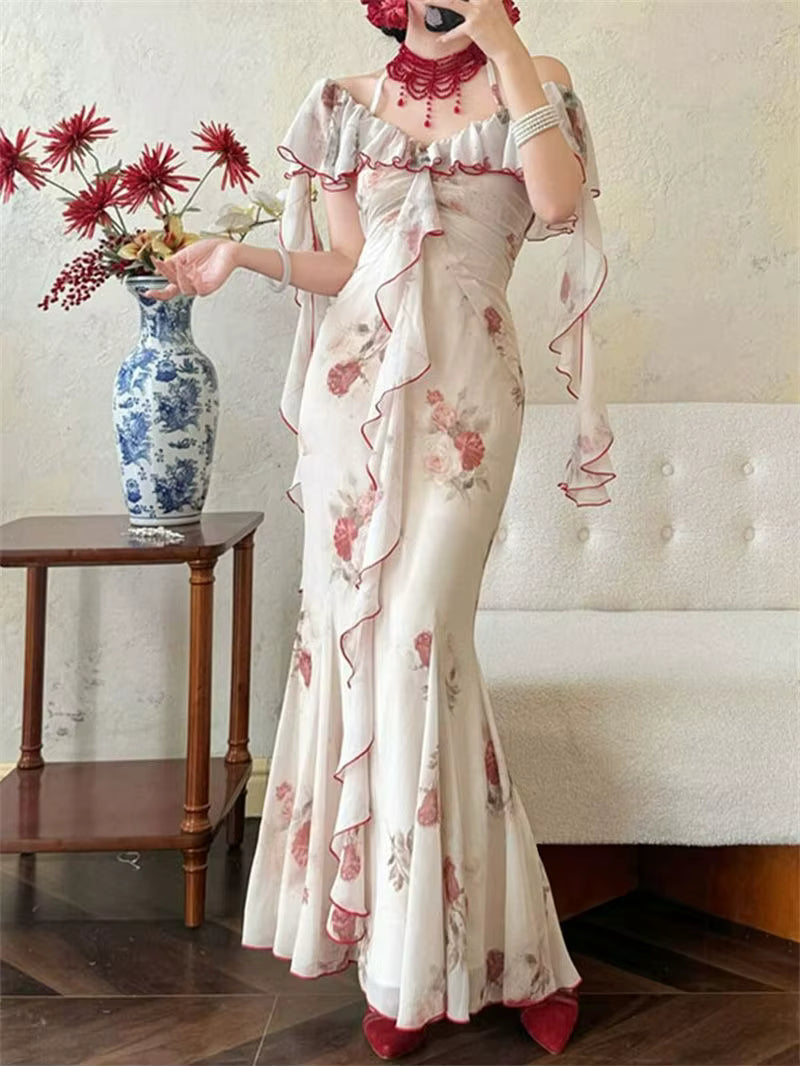 Elegant Off Shoulder Ruffle Vintage Lace Floral Print Slim Fit Long Maxi Dress