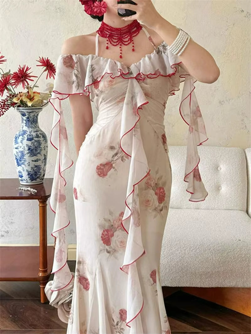 Elegant Off Shoulder Ruffle Vintage Lace Floral Print Slim Fit Long Maxi Dress