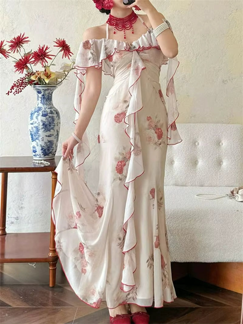 Elegant Off Shoulder Ruffle Vintage Lace Floral Print Slim Fit Long Maxi Dress