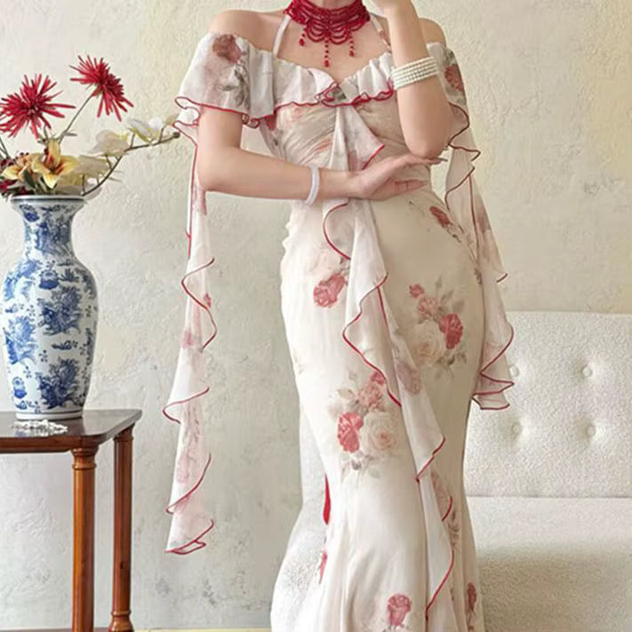 Elegant Off Shoulder Ruffle Vintage Lace Floral Print Slim Fit Long Maxi Dress