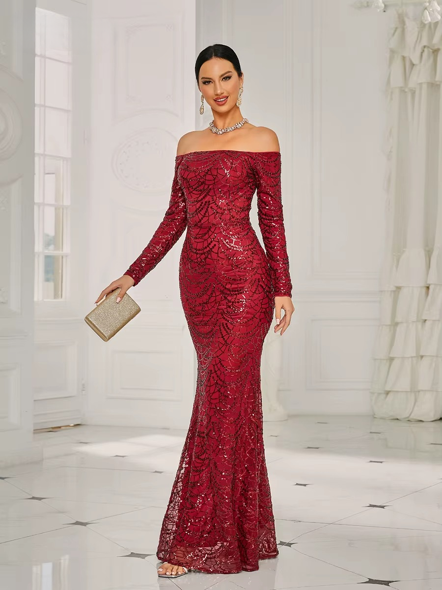 Elegant Off Shoulder Sequin Mermaid Evening Prom Maxi Dress