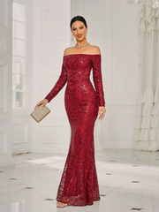 Elegant Off Shoulder Sequin Mermaid Evening Prom Maxi Dress