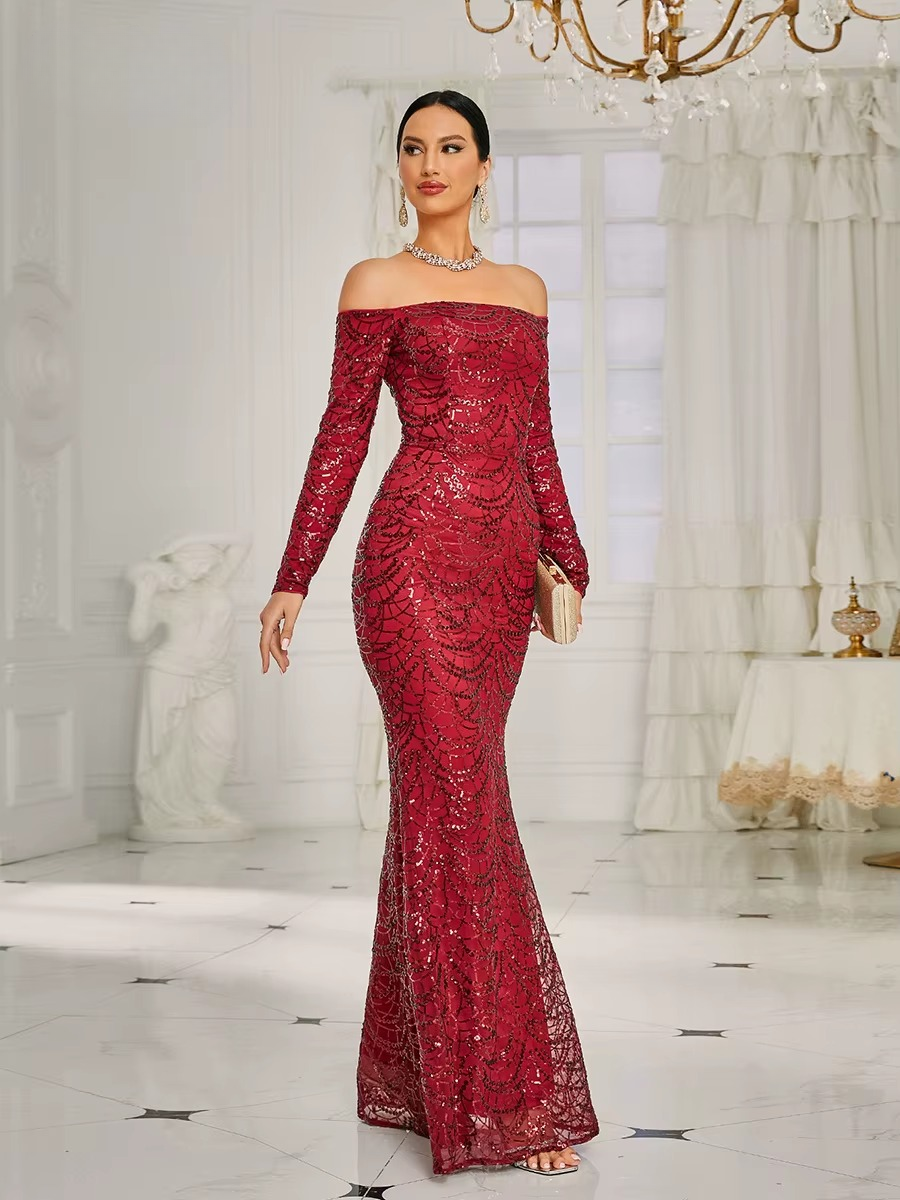 Elegant Off Shoulder Sequin Mermaid Evening Prom Maxi Dress