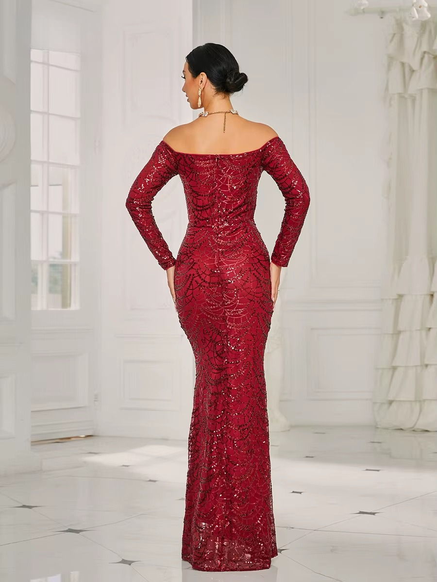 Elegant Off Shoulder Sequin Mermaid Evening Prom Maxi Dress