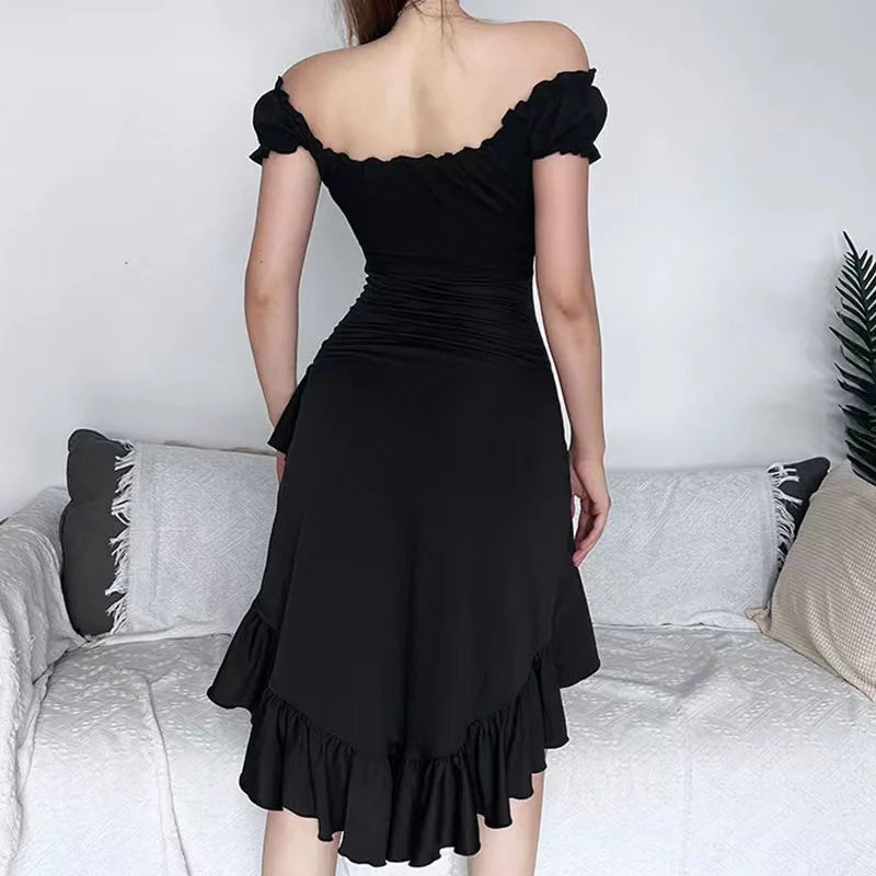 Elegant Off Shoulder Short Sleeves Ruffled Club Party A-LINE Midi Dress