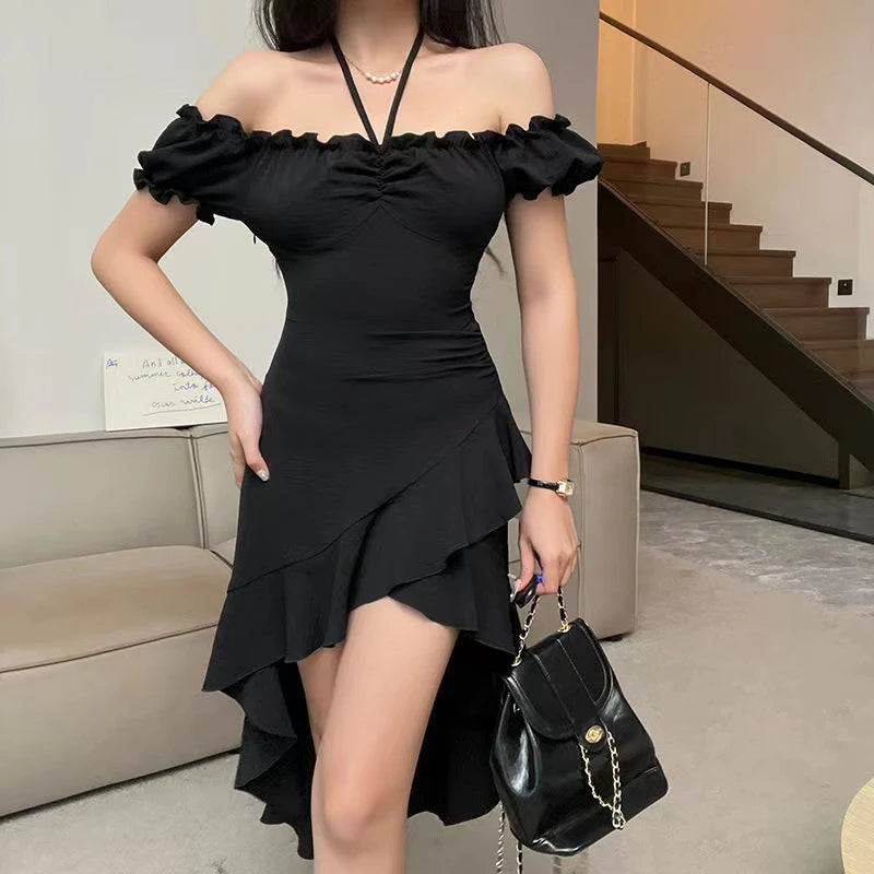 Elegant Off Shoulder Short Sleeves Ruffled Club Party A-LINE Midi Dress