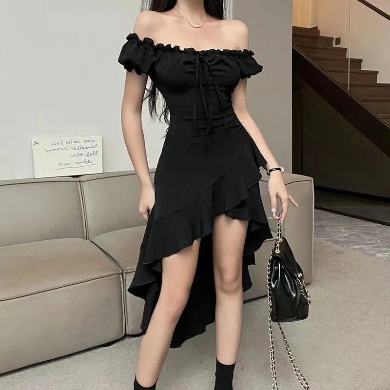 Elegant Off Shoulder Short Sleeves Ruffled Club Party A-LINE Midi Dress