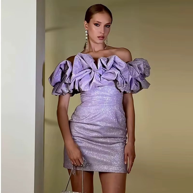 Elegant Off-Shoulder Sparkling Strapless High Waist Birthday Party Mini Dress