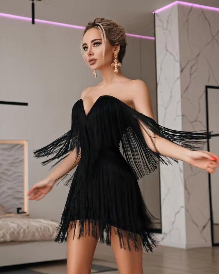 Elegant Off Shoulder Tassel Bandage Bodycon Mini Dress