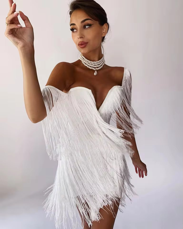 Elegant Off Shoulder Tassel Bandage Bodycon Mini Dress
