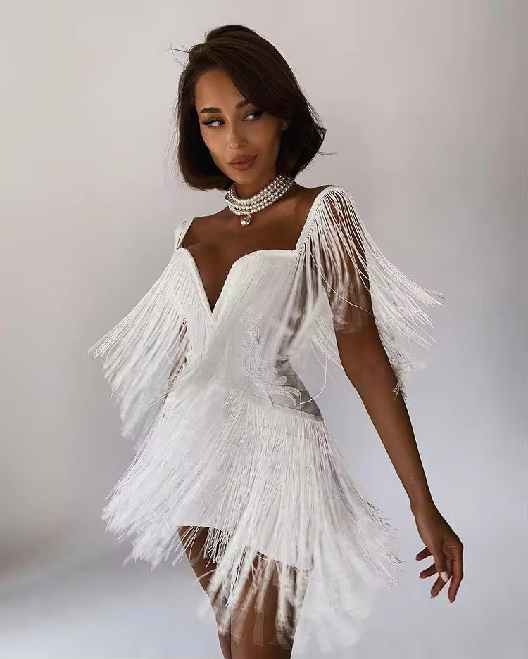 Elegant Off Shoulder Tassel Bandage Bodycon Mini Dress