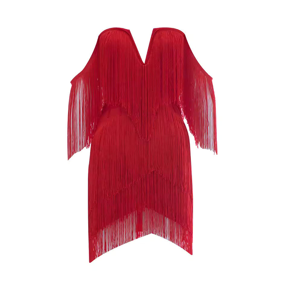 Elegant Off Shoulder Tassel Bandage Bodycon Mini Dress