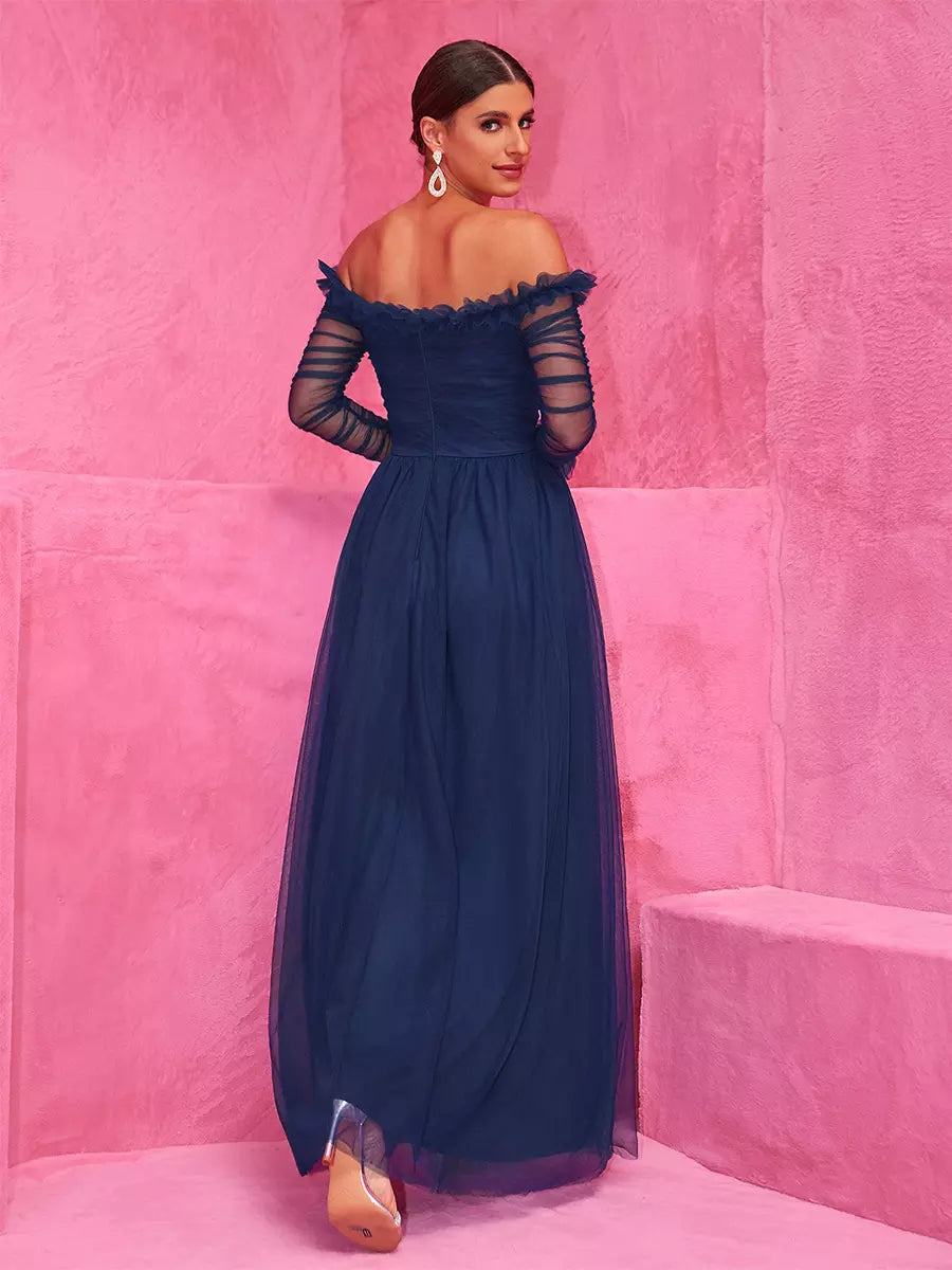 Elegant Off-Shoulder With Sheer Sleeves Graduation Maxi Party Dress