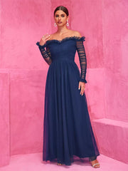 Elegant Off-Shoulder With Sheer Sleeves Graduation Maxi Party Dress