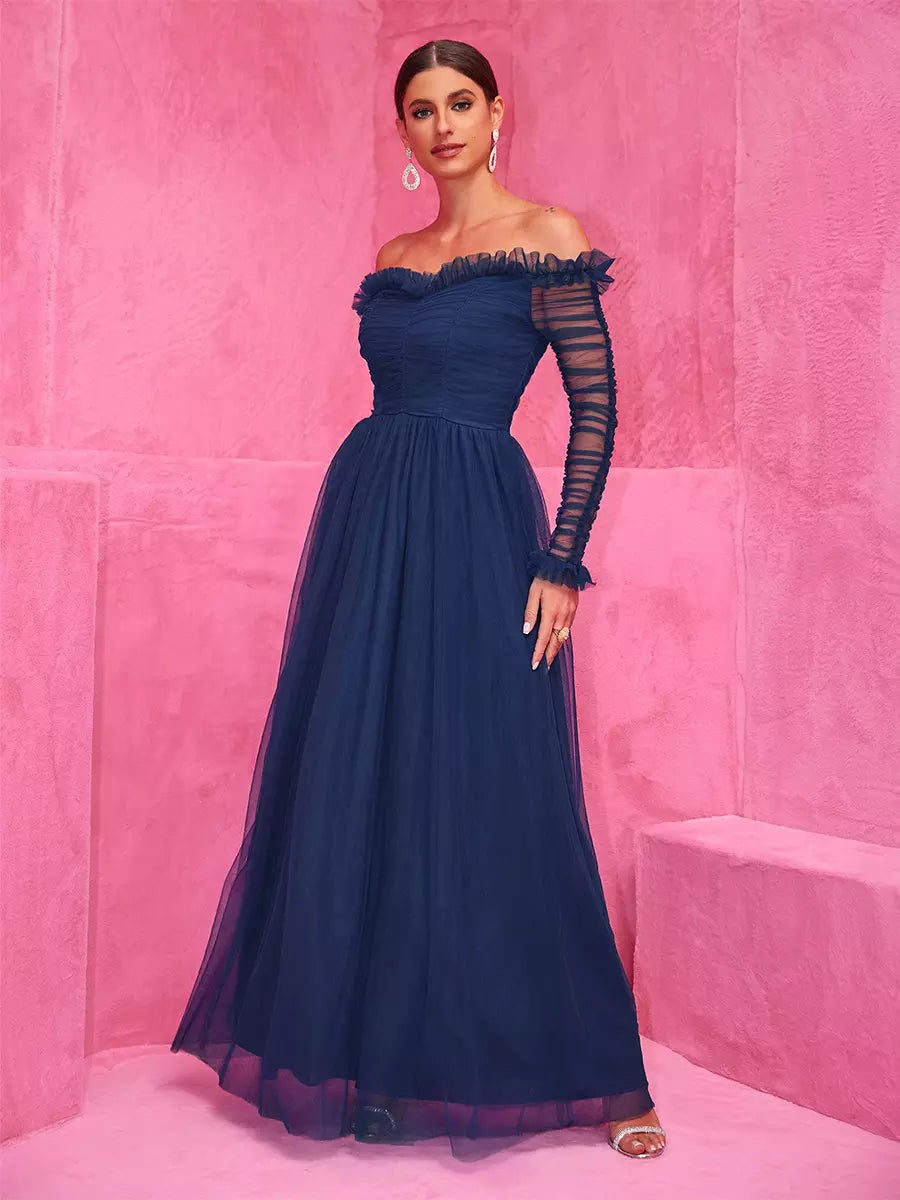 Elegant Off-Shoulder With Sheer Sleeves Graduation Maxi Party Dress