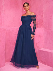 Elegant Off-Shoulder With Sheer Sleeves Graduation Maxi Party Dress
