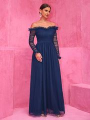 Elegant Off-Shoulder With Sheer Sleeves Graduation Maxi Party Dress