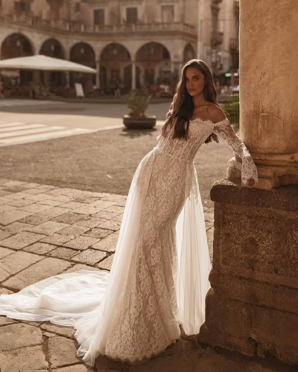 Elegant Off The Shoulder Full Sleeves Lace Floor-Length Wedding Maxi Dress