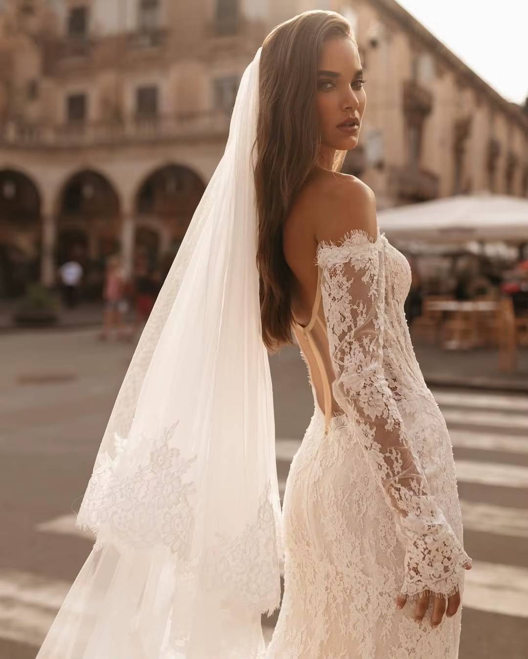 Elegant Off The Shoulder Full Sleeves Lace Floor-Length Wedding Maxi Dress