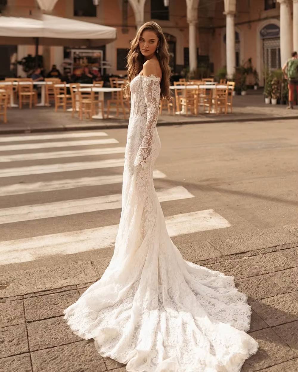 Elegant Off The Shoulder Full Sleeves Lace Floor-Length Wedding Maxi Dress