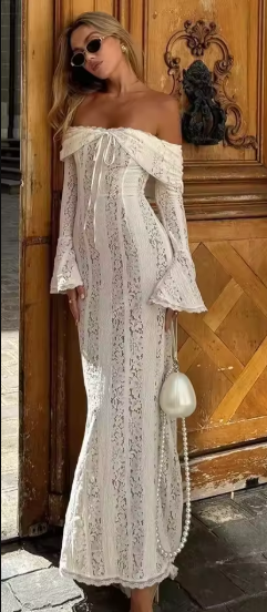 Elegant Off The Shoulder Long Sleeves Club Party Bodycon Long Lace Dress