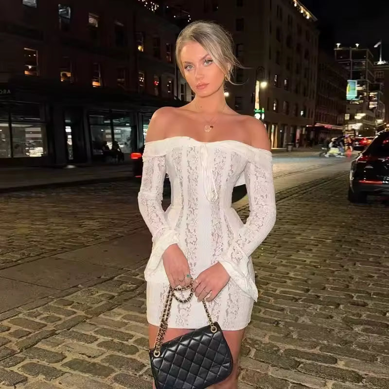 Elegant Off The Shoulder Long Sleeves Club Party Bodycon Mini Lace Dress
